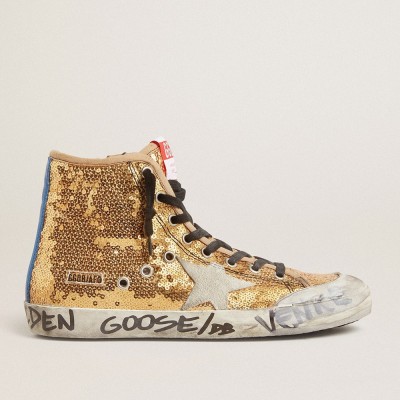 Golden Goose Francy Penstar Sneakers In Gold Glitter With Suede Star And Bright Blue Heel Tab GWF00114.F002746.65156