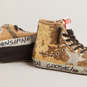 Golden Goose Francy Penstar Sneakers In Gold Glitter With Suede Star And Bright Blue Heel Tab GWF00114.F002746.65156