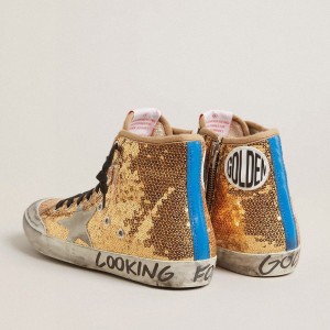 Golden Goose Francy Penstar Sneakers In Gold Glitter With Suede Star And Bright Blue Heel Tab GWF00114.F002746.65156