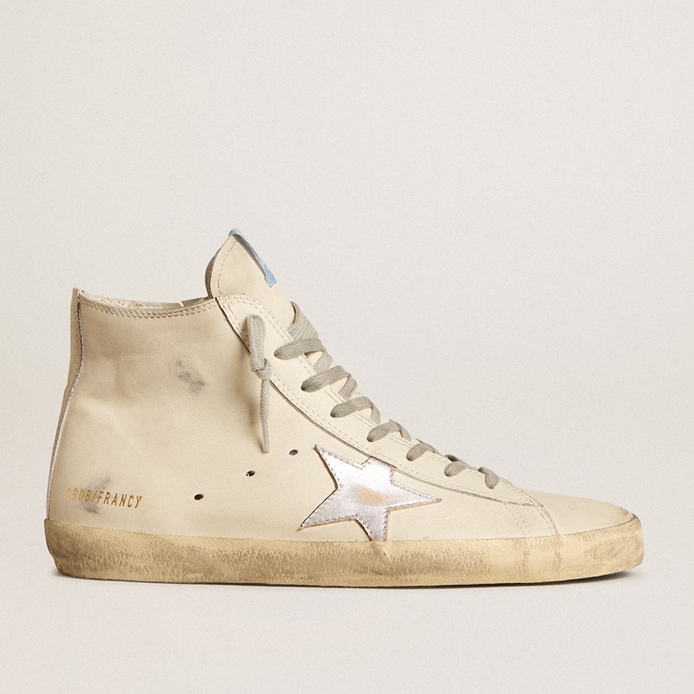 Golden Goose Francy Penstar Sneakers In White Leather With Silver Metallic Leather Star GMF00113.F005985.11881