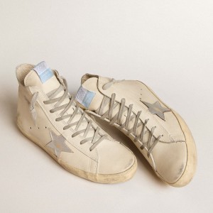 Golden Goose Francy Penstar Sneakers In White Leather With Silver Metallic Leather Star GMF00113.F005985.11881