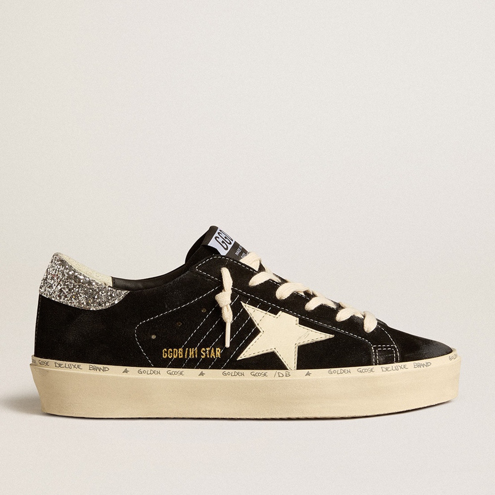 Golden Goose Hi Star Sneakers In Black Leather With Silver Glitter Heel Tab GWF00118.F005045.90201