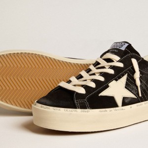 Golden Goose Hi Star Sneakers In Black Leather With Silver Glitter Heel Tab GWF00118.F005045.90201