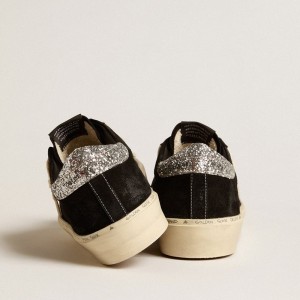 Golden Goose Hi Star Sneakers In Black Leather With Silver Glitter Heel Tab GWF00118.F005045.90201