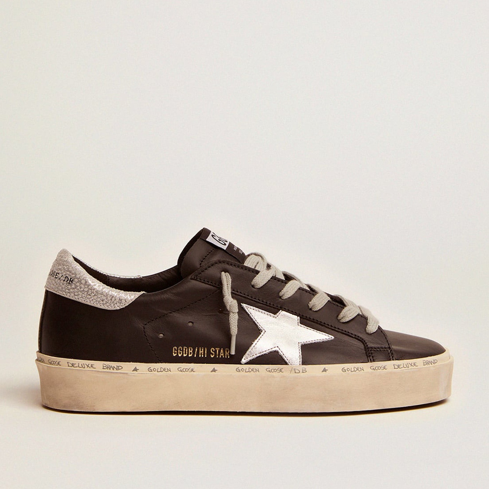 Golden Goose Hi Star Sneakers In Black Leather With Silver Laminated Leather Star GWF00118.F000328.90179