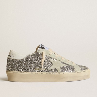 Golden Goose Hi Star Sneakers In Silver Glitter With Suede Star And White Heel Tab GWF00118.F005100.70287