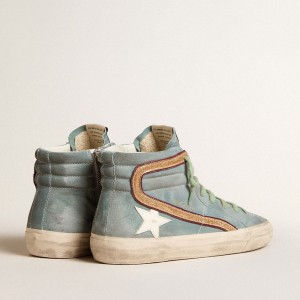 Golden Goose Light Blue Suede Slide Sneakers With White Star And Gold Glitter Flash GMF00115.F006037.50861