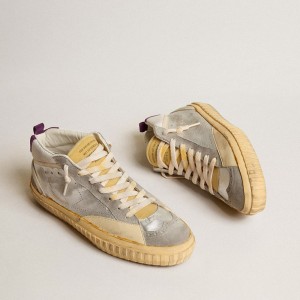 Golden Goose Mid Star LAB Sneakers In Silver Metallic Leather And Mesh With Perforated Star GMF00507.F004361.70270