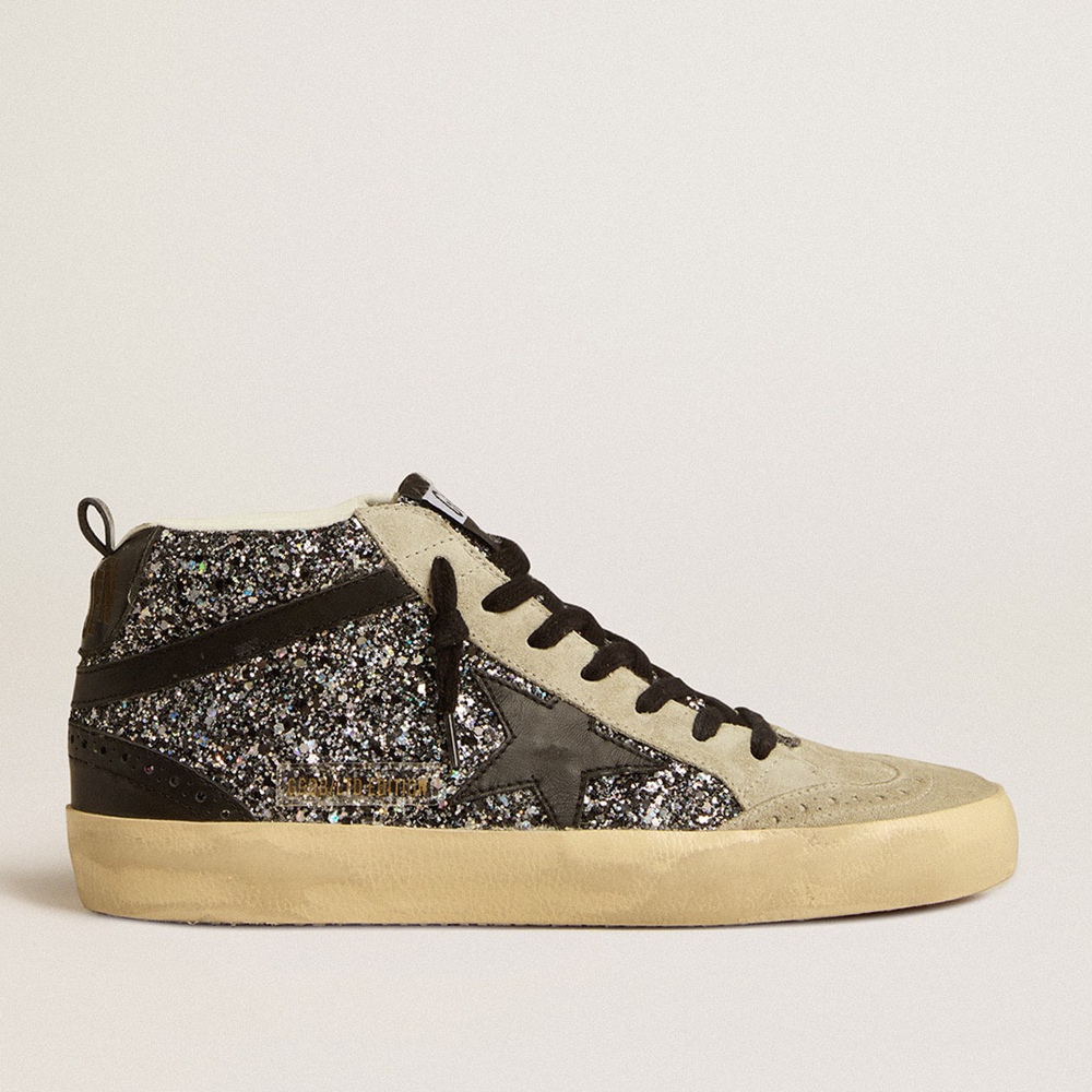 Golden Goose Mid Star LTD Sneakers In Black Glitter With Black Leather Star And Flash GWF00122.F005215.90184