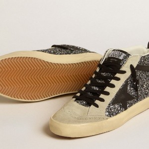 Golden Goose Mid Star LTD Sneakers In Black Glitter With Black Leather Star And Flash GWF00122.F005215.90184