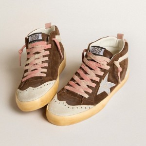 Golden Goose Mid Star LTD Sneakers In Brown Suede With Silver Nappa Leather Star And Cream Flash GWF00122.F005939.55598