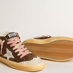 Golden Goose Mid Star LTD Sneakers In Brown Suede With Silver Nappa Leather Star And Cream Flash GWF00122.F005939.55598