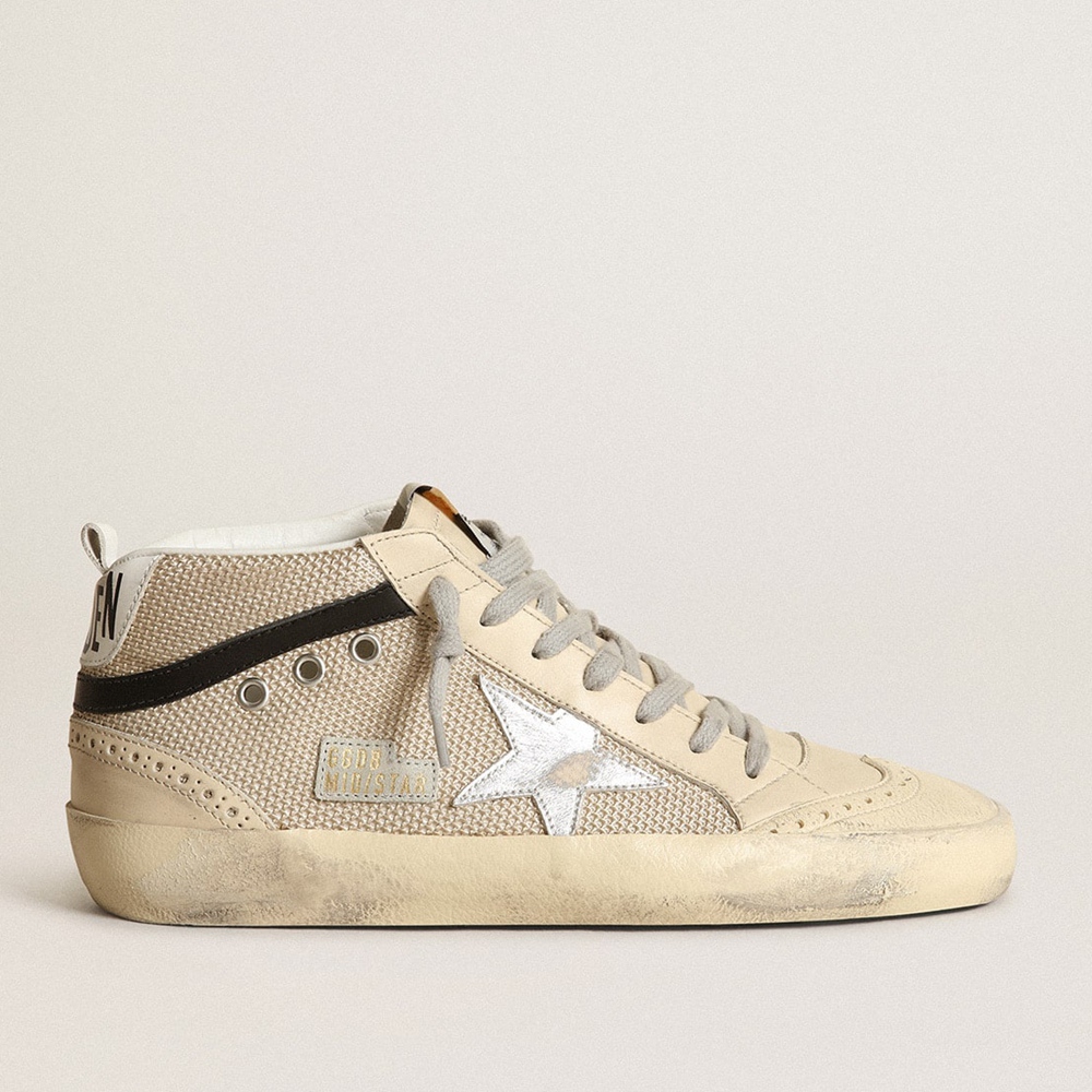 Golden Goose Mid Star LTD Sneakers In Cream-colored Mesh With Silver Star GWF00122.F003398.15383