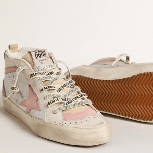 Golden Goose Mid Star LTD Sneakers In Silver Metallic Leather With Pink Star And Flash GWF00123.F004527.82283