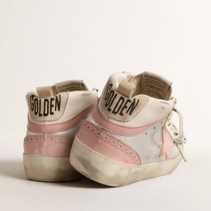 Golden Goose Mid Star LTD Sneakers In Silver Metallic Leather With Pink Star And Flash GWF00123.F004527.82283