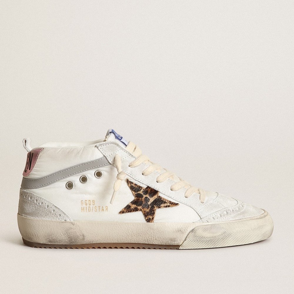 Golden Goose Mid Star LTD Sneakers In White Nylon With Leopard Print Pony Skin Star GWF00122.F003399.11242