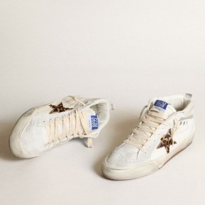 Golden Goose Mid Star LTD Sneakers In White Nylon With Leopard Print Pony Skin Star GWF00122.F003399.11242