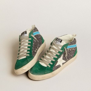 Golden Goose Mid Star Sneakers In Anthracite Glitter With Leather Star And Light Blue Flash GWF00314.F005256.82516