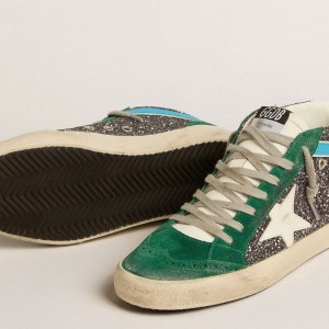 Golden Goose Mid Star Sneakers In Anthracite Glitter With Leather Star And Light Blue Flash GWF00314.F005256.82516