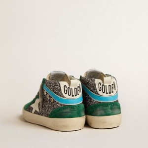 Golden Goose Mid Star Sneakers In Anthracite Glitter With Leather Star And Light Blue Flash GWF00314.F005256.82516