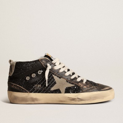 Golden Goose Mid Star Sneakers In Black Glitter With Dove-gray Suede Star And Heel Tab GWF00122.F003978.90365