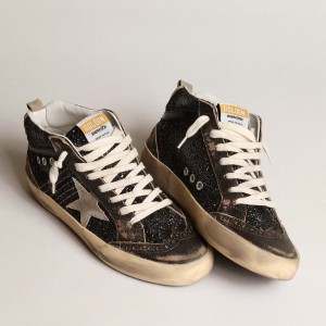 Golden Goose Mid Star Sneakers In Black Glitter With Dove-gray Suede Star And Heel Tab GWF00122.F003978.90365