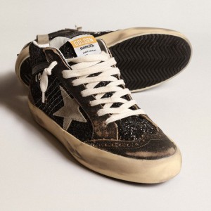 Golden Goose Mid Star Sneakers In Black Glitter With Dove-gray Suede Star And Heel Tab GWF00122.F003978.90365