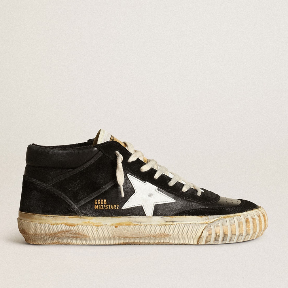 Golden Goose Mid Star Sneakers In Black Nappa And Suede With White Leather Star GMF00408.F003450.80203