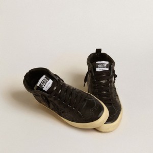 Golden Goose Mid Star Sneakers In Black Nappa With Black Glitter Star And Suede Flash GWF00122.F005212.90100