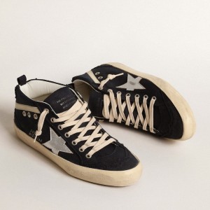 Golden Goose Mid Star Sneakers In Blue Cotton With Silver Star And Leather Flash GWF00122.F004528.50778