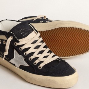 Golden Goose Mid Star Sneakers In Blue Cotton With Silver Star And Leather Flash GWF00122.F004528.50778