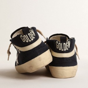 Golden Goose Mid Star Sneakers In Blue Cotton With Silver Star And Leather Flash GWF00122.F004528.50778