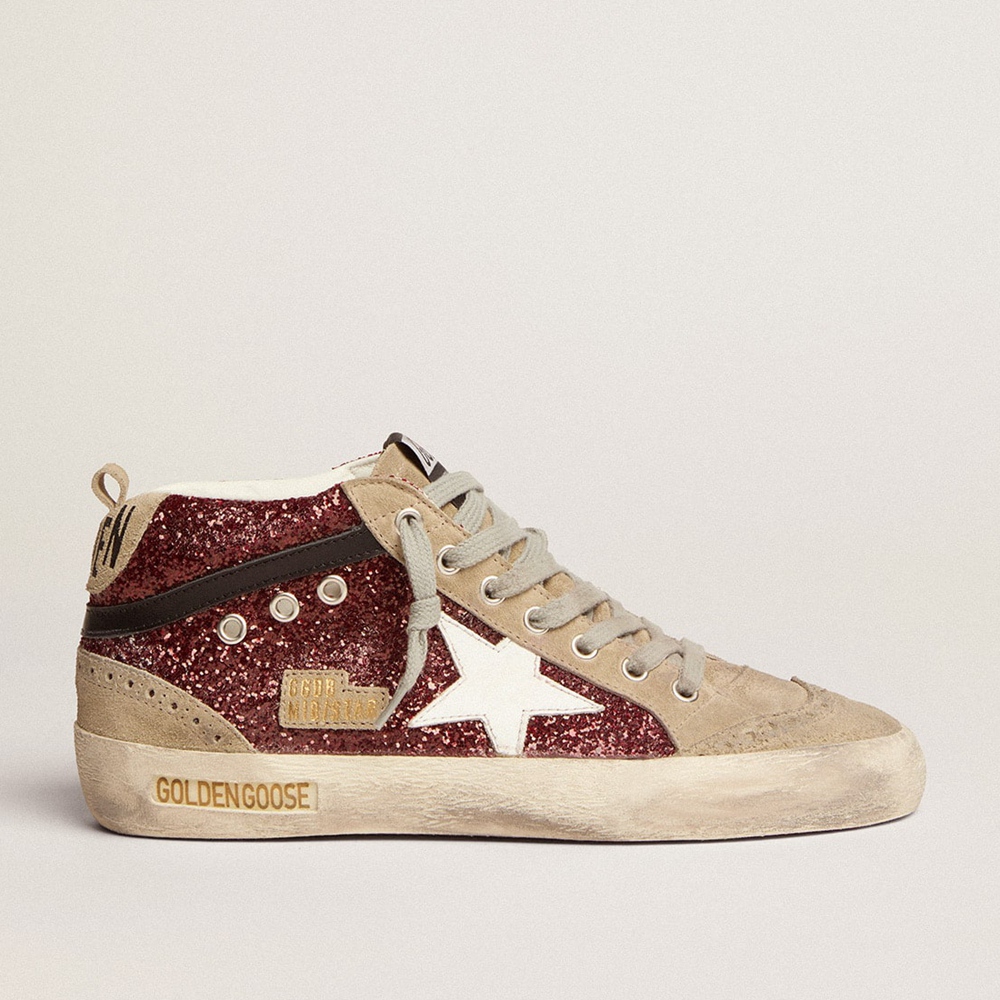 Golden Goose Mid Star Sneakers In Burgundy Glitter With Gray Inserts And White Star GWF00122.F002626.81553