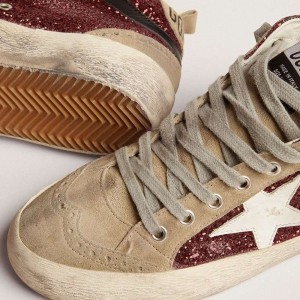 Golden Goose Mid Star Sneakers In Burgundy Glitter With Gray Inserts And White Star GWF00122.F002626.81553