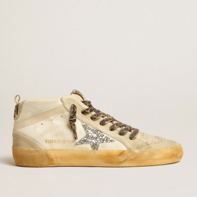 Golden Goose Mid Star Sneakers In Canvas With Silver Glitter Star And Beige Flash GWF00122.F005270.15260