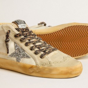 Golden Goose Mid Star Sneakers In Canvas With Silver Glitter Star And Beige Flash GWF00122.F005270.15260