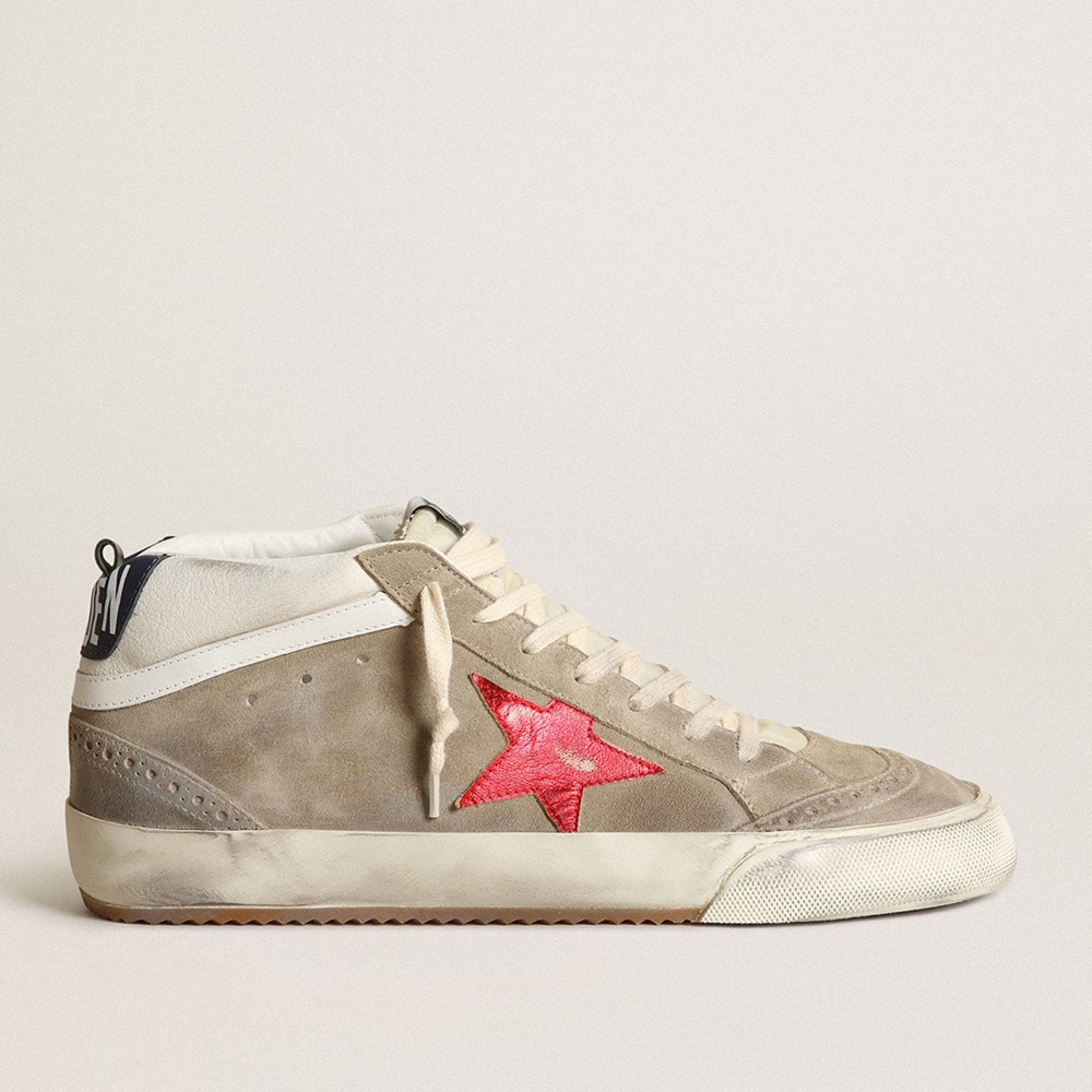 Golden Goose Mid Star Sneakers In Dove Gray Suede With Red Leather Star GMF00123.F003432.60371