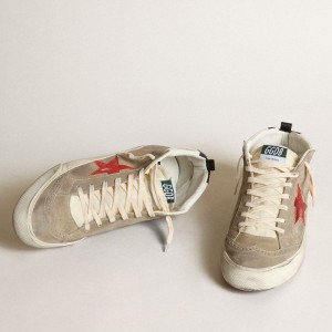 Golden Goose Mid Star Sneakers In Dove Gray Suede With Red Leather Star GMF00123.F003432.60371