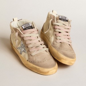 Golden Goose Mid Star Sneakers In Nappa Leather With Floral Embroidery And Silver Glitter Star GWF00122.F005965.11876