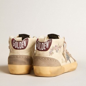 Golden Goose Mid Star Sneakers In Nappa Leather With Floral Embroidery And Silver Glitter Star GWF00122.F005965.11876