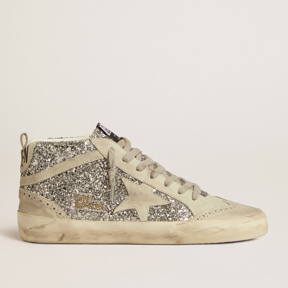 Golden Goose Mid Star Sneakers In Silver Glitter With Ice-gray Suede Star And Flash GWF00122.F005257.70136