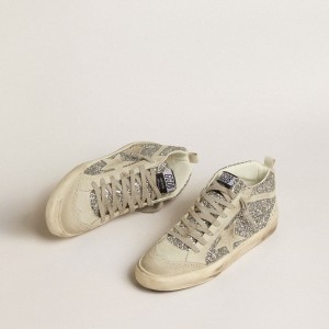 Golden Goose Mid Star Sneakers In Silver Glitter With Ice-gray Suede Star And Flash GWF00122.F005257.70136