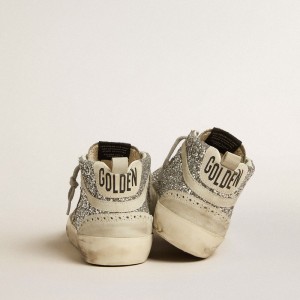 Golden Goose Mid Star Sneakers In Silver Glitter With Ice-gray Suede Star And Flash GWF00122.F005257.70136