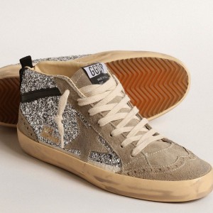 Golden Goose Mid Star Sneakers In Silver Glitter With Suede Star And Black Flash GWF00122.F004554.70211