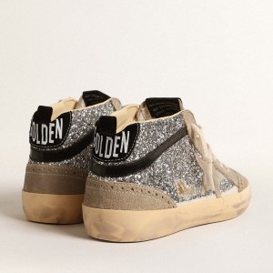 Golden Goose Mid Star Sneakers In Silver Glitter With Suede Star And Black Flash GWF00122.F004554.70211