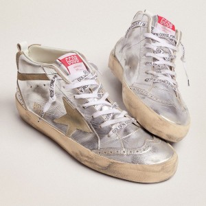 Golden Goose Mid Star Sneakers In Silver Laminated Leather With Dove Gray Star GWF00122.F002794.70216