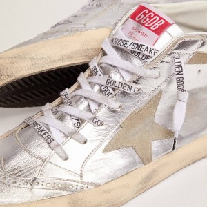 Golden Goose Mid Star Sneakers In Silver Laminated Leather With Dove Gray Star GWF00122.F002794.70216