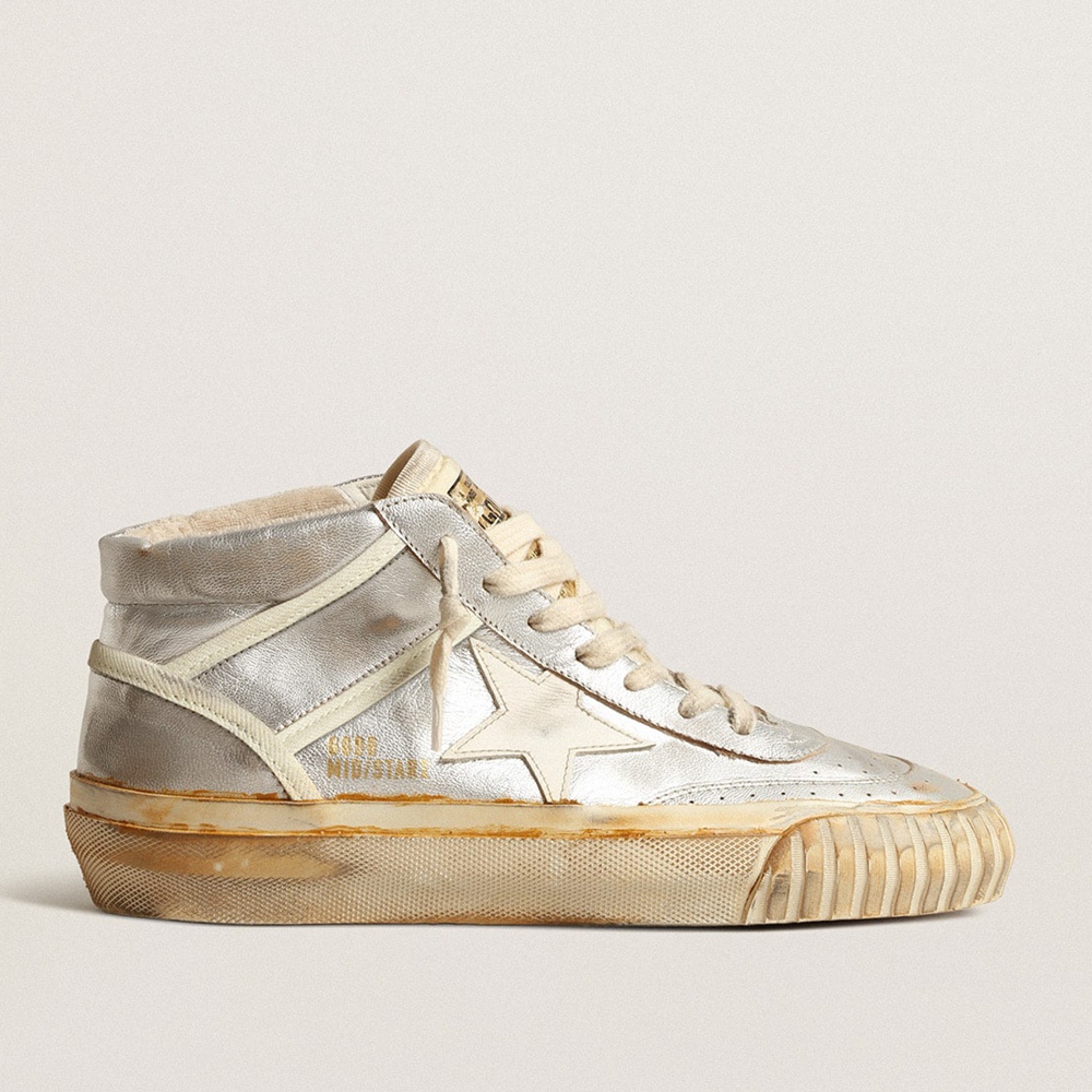 Golden Goose Mid Star Sneakers In Silver Metallic Leather With Ivory Star GMF00408.F004083.70259