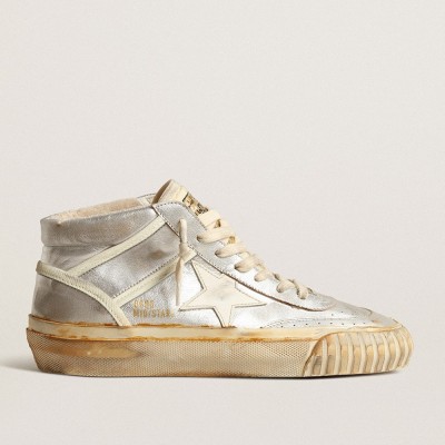 Golden Goose Mid Star Sneakers In Silver Metallic Leather With Ivory Star GMF00408.F004083.70259