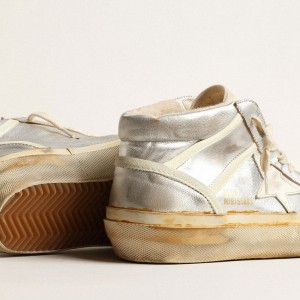 Golden Goose Mid Star Sneakers In Silver Metallic Leather With Ivory Star GMF00408.F004083.70259